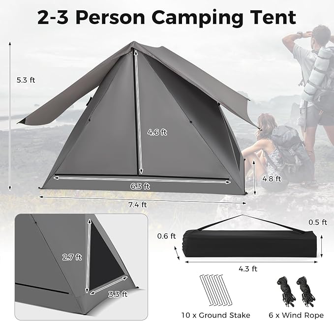 Tangkula Pop Up Camping Tent for 2-3 Person 360° One-Way See-Through Backpacking Tent with Removable Rainfly 2 Mesh Windows 2 Zippered Doors Carrying Bag Portable Outdoor Family Tent for Camping