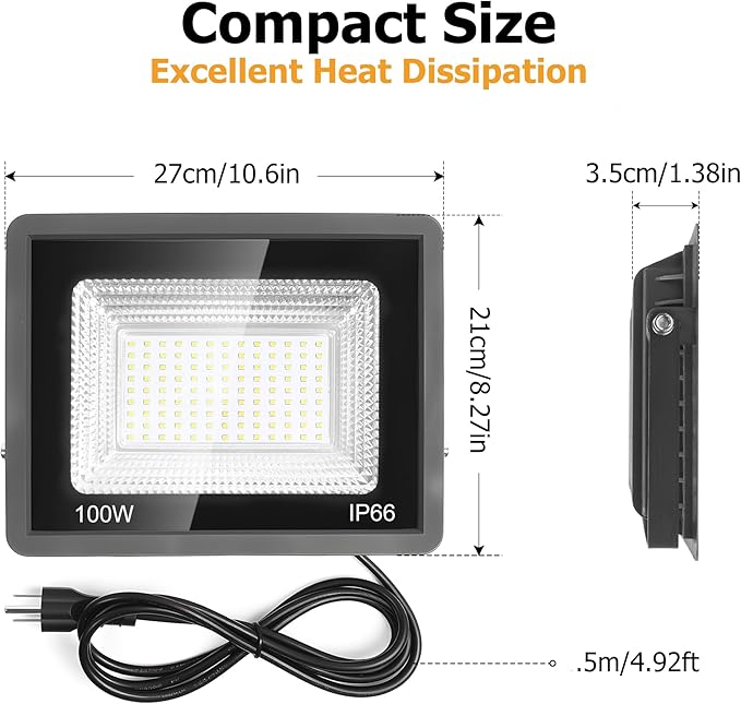 LED Flood Light 11000LM Super Bright 6500K Daylight Outdoor Security Light with Plug IP66 Waterproof for Yard Garden Court &amp Arena (100W-2Pack)