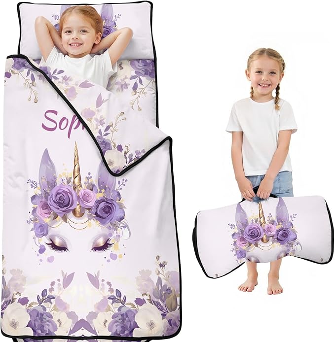 Personalized Toddler Nap Mat – Custom Name Sleeping Bag with Pillow &amp Blanket Roll-Up All-in-One Nap Mats