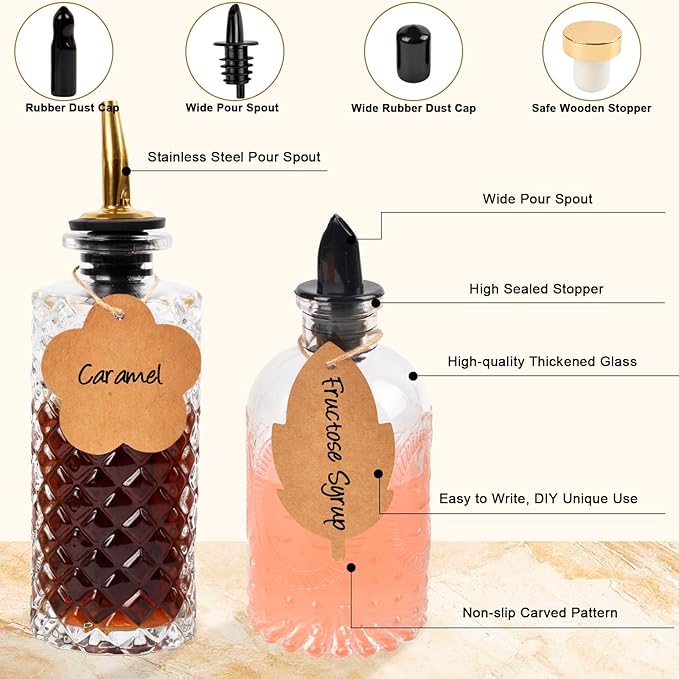 ChezMax Syrup Dispenser Bottles Set of 6 Simple Syrup Bottle for Coffee Bar Accessories 5oz &amp 7oz Glass Coffee Syrup Dispenser Syrup Containers for Maple Honey Syrup Oil Metal Pour Spouts &amp