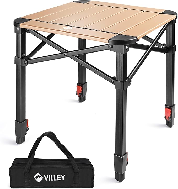 VILLEY Folding Camping Square Table with Carry Bag Lightweight Aluminum Adjustable Square Table for Outdoor Camping Picnic Backyards BBQ (S)