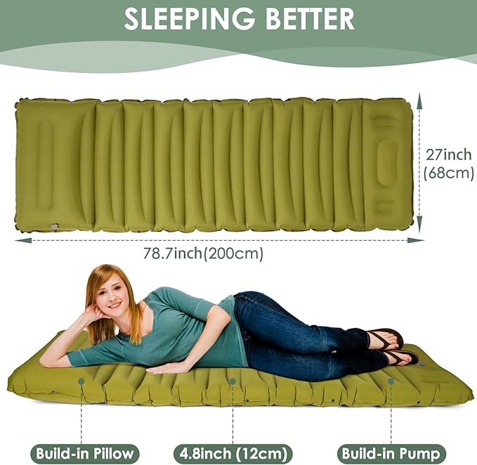 Extra Thick 4.8 Sleeping Pad for Camping Self Inflating Camping Pad with Built-in Foot Pump 78x27 Ultralight Sleeping Pad with Pillow for Backpacking Hiking Travel &amp Outdoor Fun (Green)