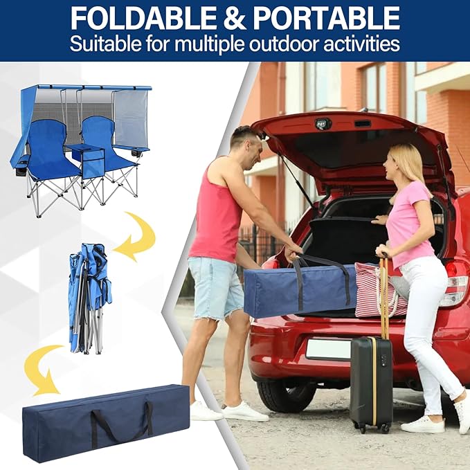 BDL Double Camping Chair with Canopy Two Person Folding Loveseat with Shade Heavy Duty Beach Chair with Cooler Bag Cup Holder for Outside Fishing Sports Beach-Sky Blue