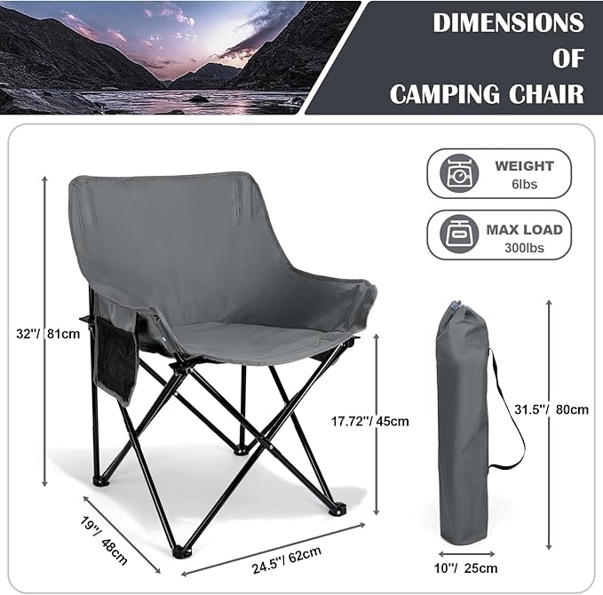 Leonyo Beach Camping Chair 2 Pack Outdoor Folding Chair for Adults Heavy Duty Portable Chair for Outside Fishing Lawn Sport Patio Armrest Cup Holder &amp Storage Pocket Carry Bag Grey