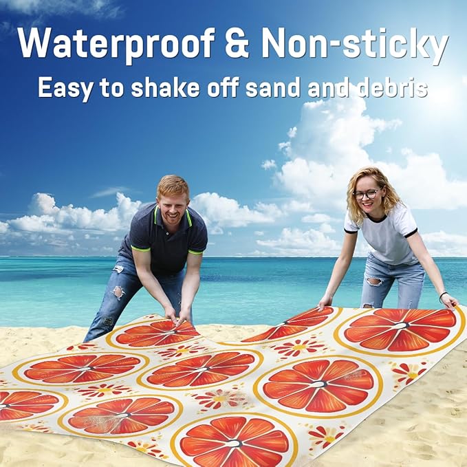 Waterproof Sandproof Beach Blanket 59''×68'' Citrus Flakes Polyester Outdoor Picnic Blanket with 4 Stakes &amp Storage Bag for BeachCampingVacation Red