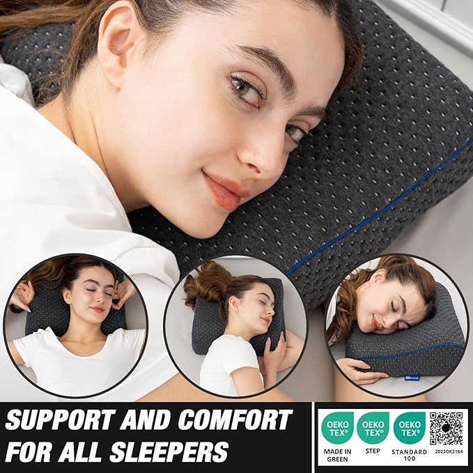 Travel &amp Camping Comfortable Memory Foam Pillow – Easy to Carry Portable Bag – Temperature Regulating Pillow Case - Perfect for Travelling (Grey Contour II)