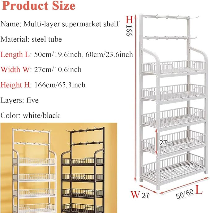 4/5 Tier Retail Display Shelves Metal White Black Supermarket Snacks Candy Storage Stand with Hooks Large Snack Organizer Pantry Kitchen Home Theater MovieBlack5 Tier50x27x166cm