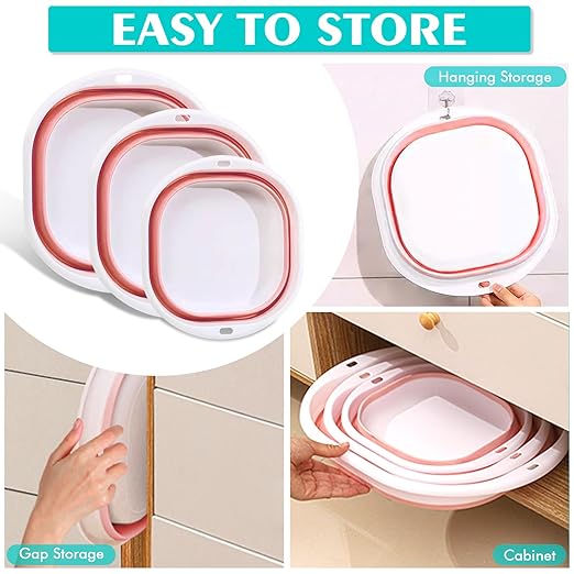 Collapsible Basin 3 Set Foldable Wash Basin Plastic Laundry Tub Space Saving Wash Tub for Dish Fruit Camping Laundry Hiking &amp Home (Pink)
