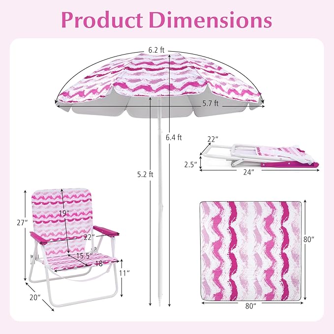 Tangkula 4 Pieces Beach Chair Set 2 Backpack Beach Chairs with Umbrella &amp Blanket Cup Holder &amp Armrests UPF50+ Folding Beach Umbrella with Tilt Adjustment Carrying Bag &amp Sand Anchor (P