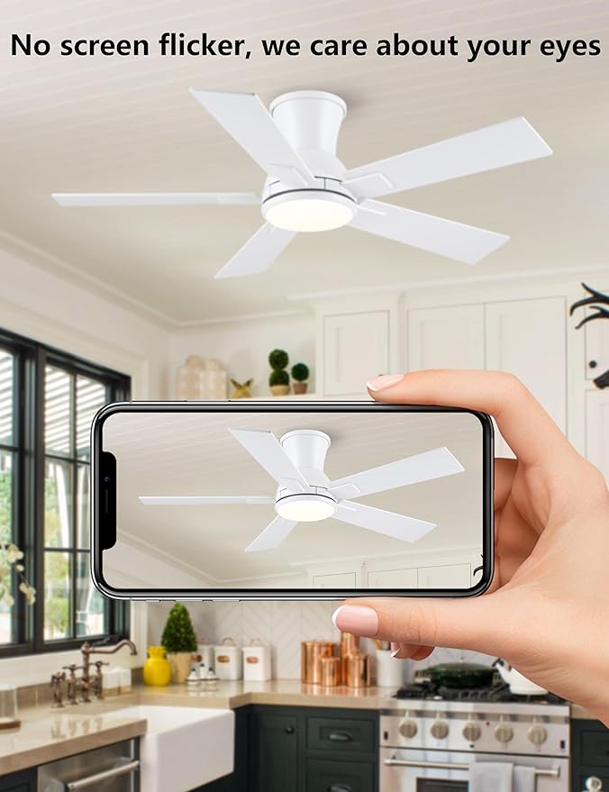 Modern Ceiling Fans with Lights - 42 Low Profile Ceiling Fan with Light and Remote Flush Mount Reversible DC Motor 6-Speed Quiet LED Dimmable for Bedroom Indoor and Outdoor Patios White
