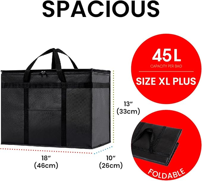 NZ home Insulated Bags for Food Delivery (XL Plus) Grocery Shopping Cooler Bag Pizza Delivery Hot &amp Cold Catering Tote Reusable Foldable &amp Heavy Duty (2 Pack Orange)