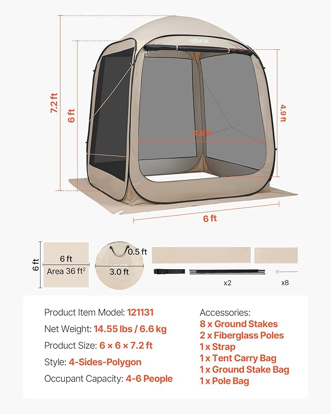 VEVOR 6 x 6 ft Pop up Screen House Tent 4-6 Person Portable Screen Gazebo with Carry Bag Netting Sides &amp Ground Stakes Quick Setup Screened Canopy for Garden Patio &amp Backyard and Outdoo