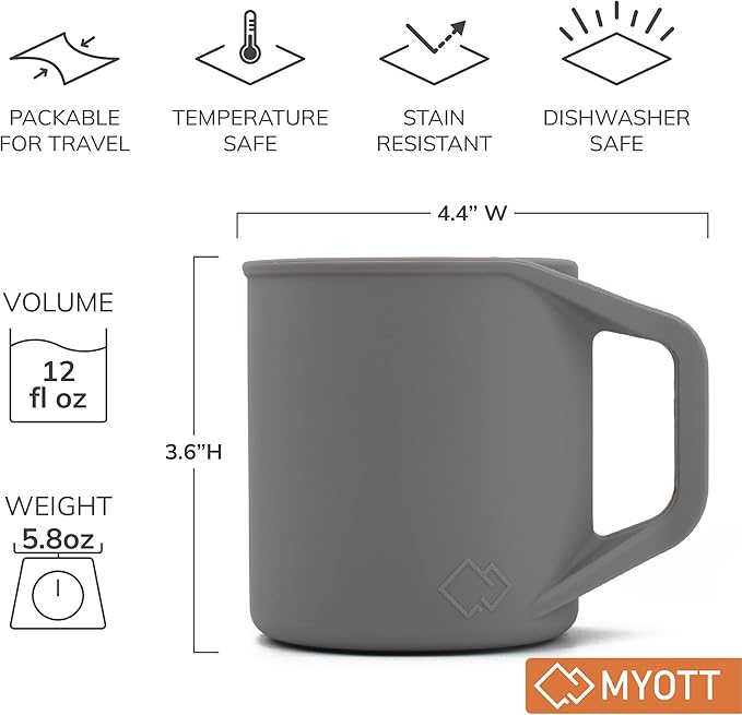 Silicone Coffee Cup - Food Grade Silicone Camping Mug with Handle - Portable Collapsible Coffee Mug - BPA Free Dishwasher Safe and Microwave Safe 12- oz (Granite Gray 2 Pack)
