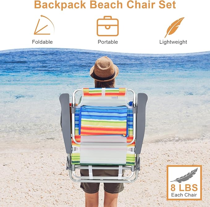 GYMAX Beach Chairs Backpack Camping Chair with Armrest Cooler Bag Cup Holder Towel Bar &amp Side Pockets Sunbath Sling Tanning Lounge Folding Layout Chair (4 Chairs Without Table Yellow Stripe