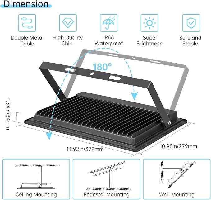 2 Pack LED Flood Light Outdoor 200W 20000LM Work Light IP66 Waterproof Floodlights 6000K Daylight White Security Light Plug-in for Yard Garage Garden