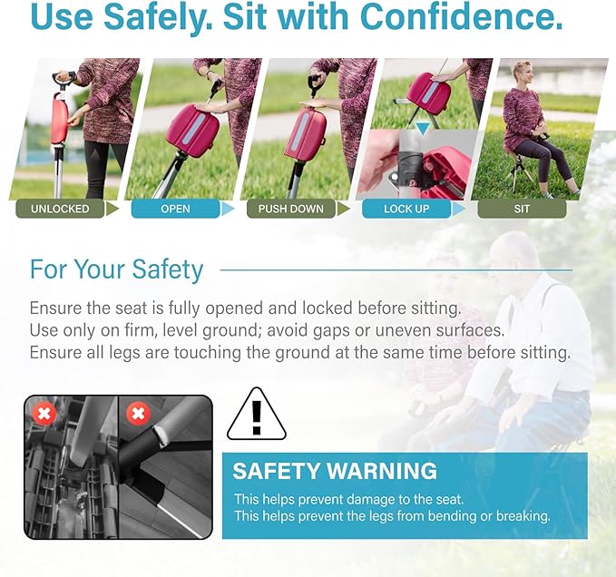 STEP2GOLD Ta-Da Chair Series 2- Portable Walking Stick Cane with Seat Foldable Chair Hiking Stick for Camping Hiking Lightweight Aluminum Easy Carry Anti-Slip