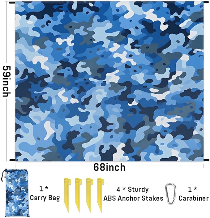 Waterproof Sandproof Beach Blanket 59''×68'' Camouflage Polyester Outdoor Picnic Blanket with 4 Stakes &amp Storage Bag for BeachCampingVacation Blue