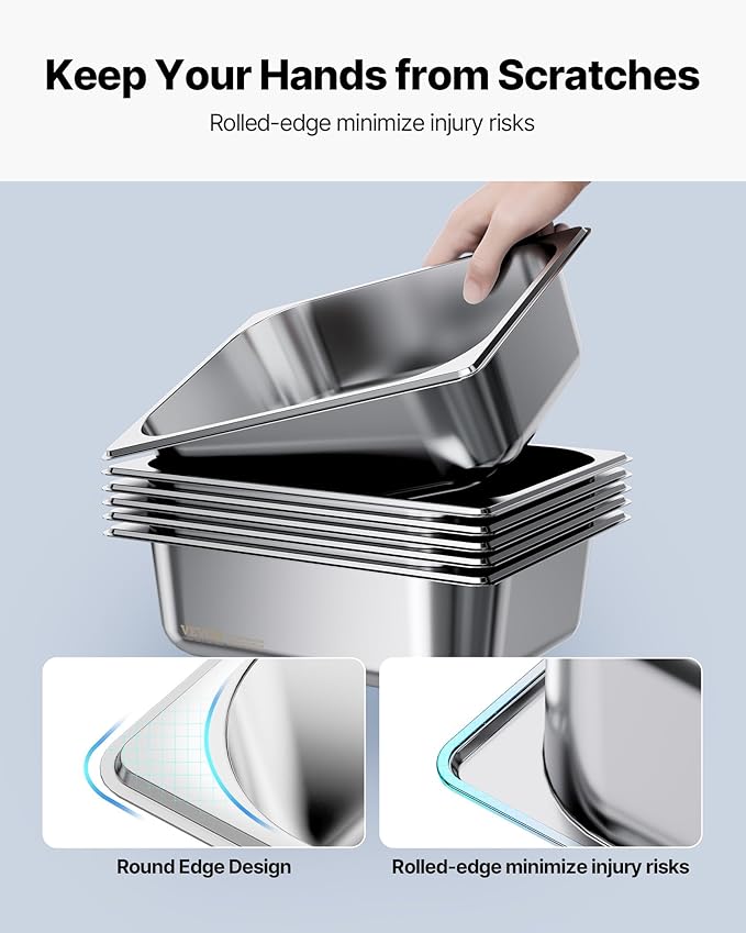 VEVOR 6 Pack Stainless Steam Hotel Pans 1/2 Size Table Steam Pan 4 Inch Deep Anti Jam Restaurant Supplies Reusable Rustproof Catering Storage for Home Party Restaurant Hotel Buffet