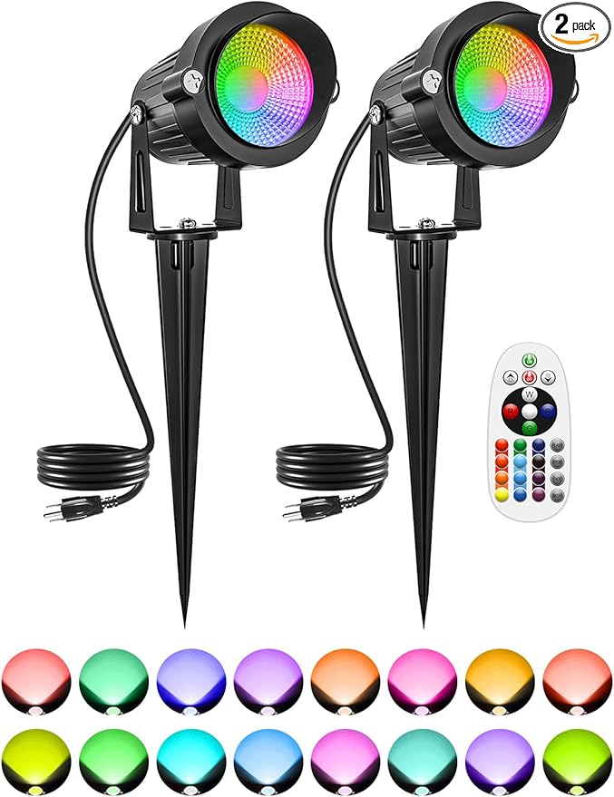 Christmas RGBW Outdoor Spotlights for Yard 10W Color Changing Landscape Lights with Remote Control 120V LED Landscape Lighting Waterproof Spotlight with Plug Tree Garden Path Decoration(2Pack)
