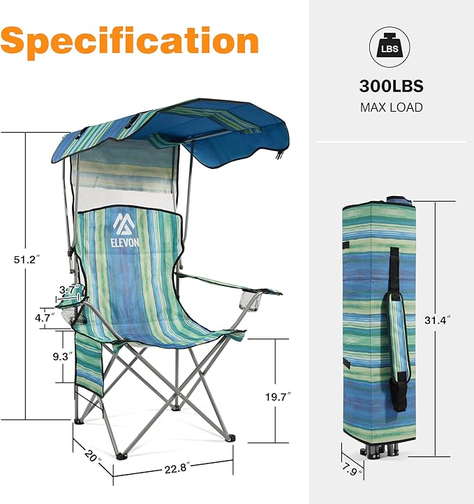 Elevon Camping Chair Oversized Folding Chair with Canopy Portable Outdoor Chair with Arms Cup Holder and Carry Bag for Camping Fishing Beach and Sports Turquoise
