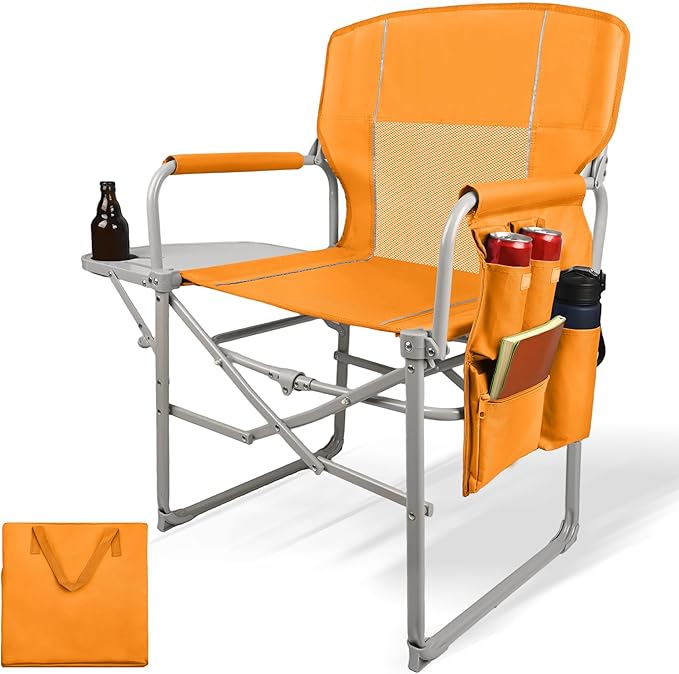 Camping Directors Chair Portable Folding Chair with Side Table and Pocket for Beach Camping Lawn &amp Fishing Tangerine