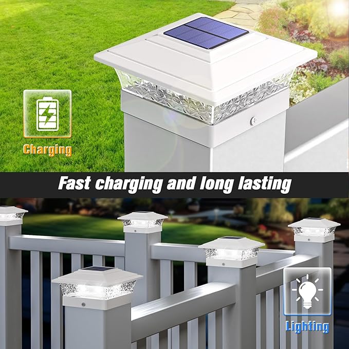 Solar Post Cap Lights Outdoor 12pack Waterproof Fence Post Lights with 16 Ultra Bright LEDs Fit 4x4/5x5/6x6 Wood/Vinyl Posts White Deck Post Lights with Warm/Cool White for Garden Patio Porch Yard