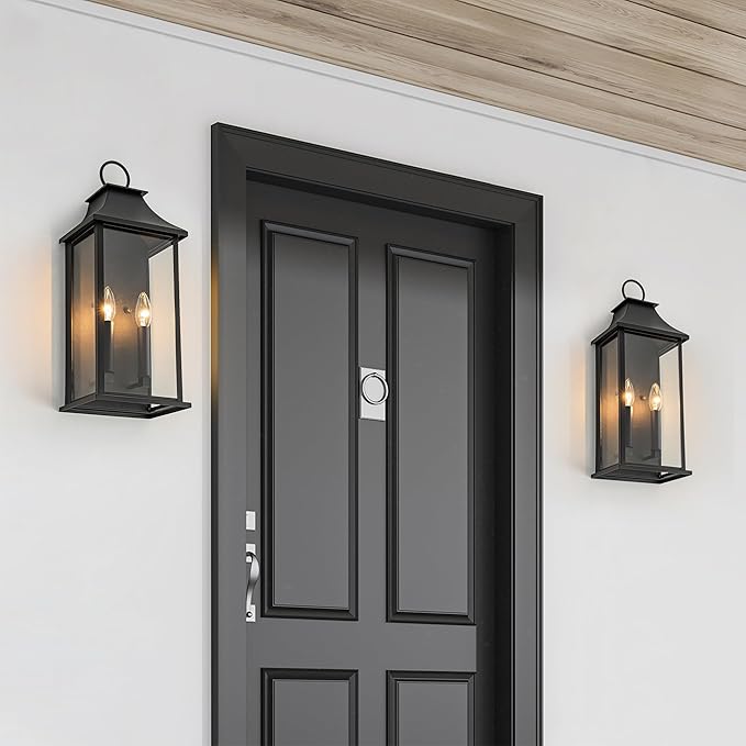 Outdoor Wall Lights Dusk to Dawn Waterproof Outside Wall Sconce Large Modern Wall Fixture with Glass Exterior Lamp for House Porch Garage 2-Light (20.6 Inch Black)