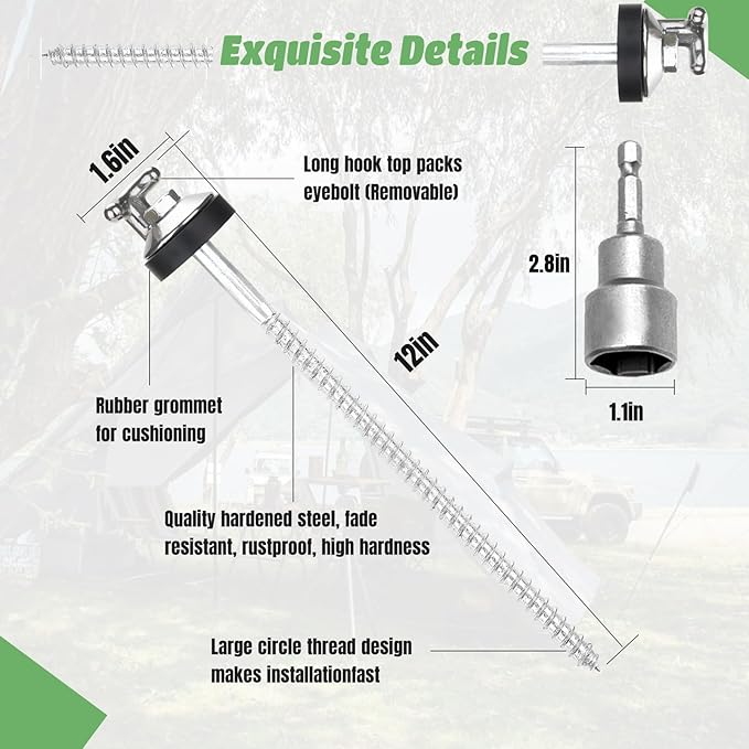 12 Pcs 12 Drillable Tent Stakes Hex Pegs Stakes Drillable Threaded Long Hook Top Packs Tent Stakes for Grassland Garden Tents Canopies Awnings Camping Travel (Hex Tool and Storage Bag)