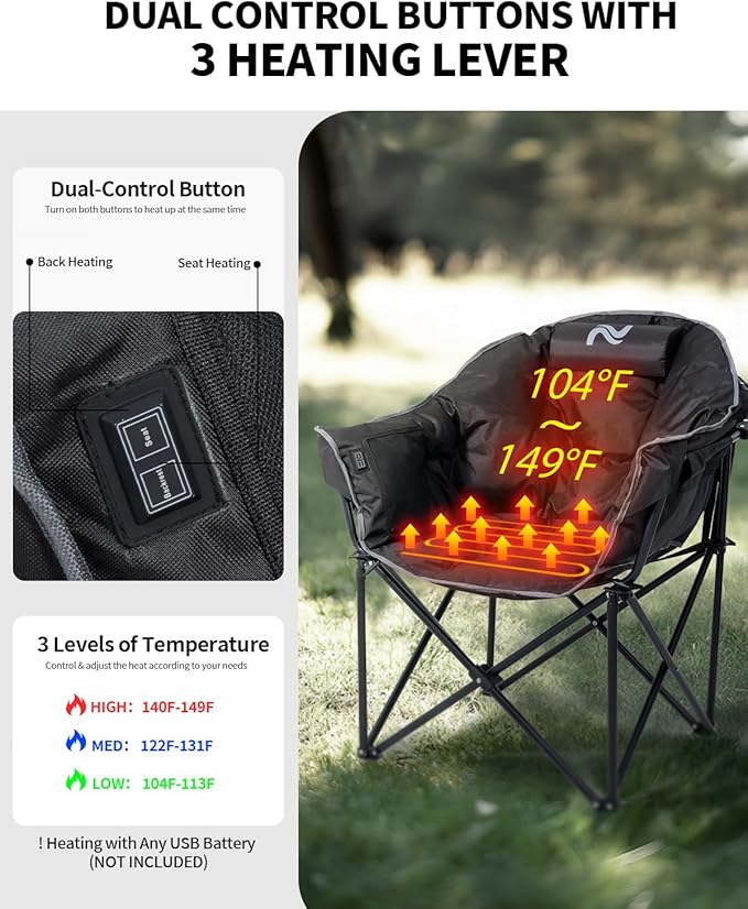 NAIZEA Heated Camping Chair Oversized Heated Folding Outdoor Chair for Adults with 3 Heat Levels Portable Foldable Patio Lounge Chair for Sports Outdoors Camp Battery NOT Included