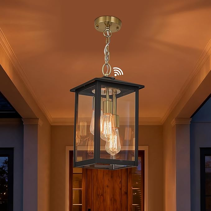 17IN Large Dusk to Dawn Outdoor Pendant Light 3-Light Modern Black Metal Outside Chandelier Exterior Hanging Fixture Ceiling Mount with Clear Glass for Front Porch Entrance Entryway