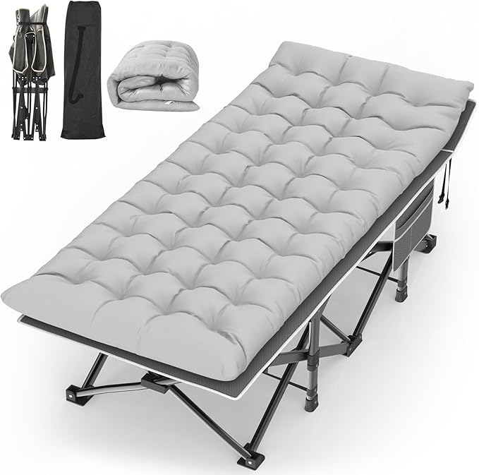 Suteck Camping Cot 32In XXL Folding Camping Cot Heavy Duty Sleeping Bed for Adults 1200D Double Layer Oxford Cots for Camping W/Pilllow Mattress Carry Bag for Home Office Nap Beach Travel 900LBS