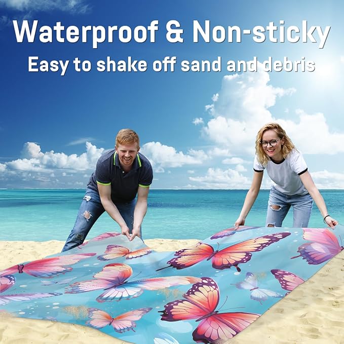 Waterproof Sandproof Beach Blanket 59''×68'' Butterfly Polyester Outdoor Picnic Blanket with 4 Stakes &amp Storage Bag for BeachCampingVacation Pale Green