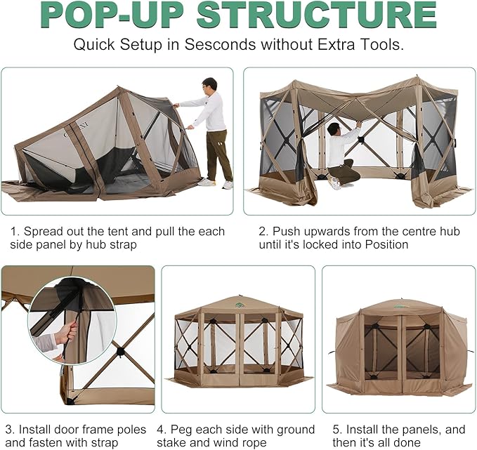COBIZI 12x12 pop up Gazebo on Clearance Screen Tent for Camping Camping Outdoor Screened Gazebo &amp Canopy TentPortable Hub with Carrying Bag and Ground Stakes Khaki(Upgraded 2.0)