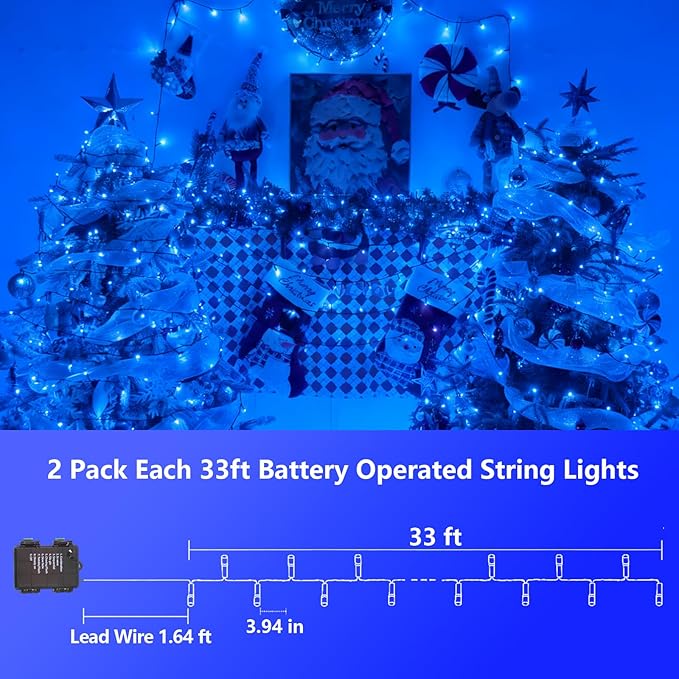 YEGUO Christmas Lights Battery Operated 2 Pack Each 33ft 100 LED Blue String Lights Outdoor Waterproof 8 Modes Green Wire Fairy Light Indoor with Remote