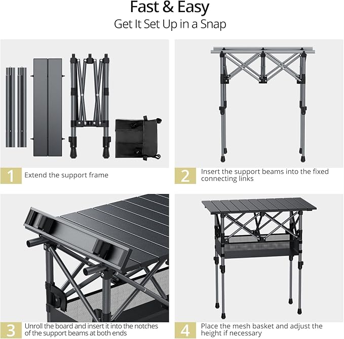 Anbte 2ft Small Roll Up Camping Table 2 Adjustable Height Aluminum Portable Camping Table with Storage Net &amp Bag Lightweight Waterproof Folding Table for Indoor Outdoor BBQ Picnic 25” X 16” Bl