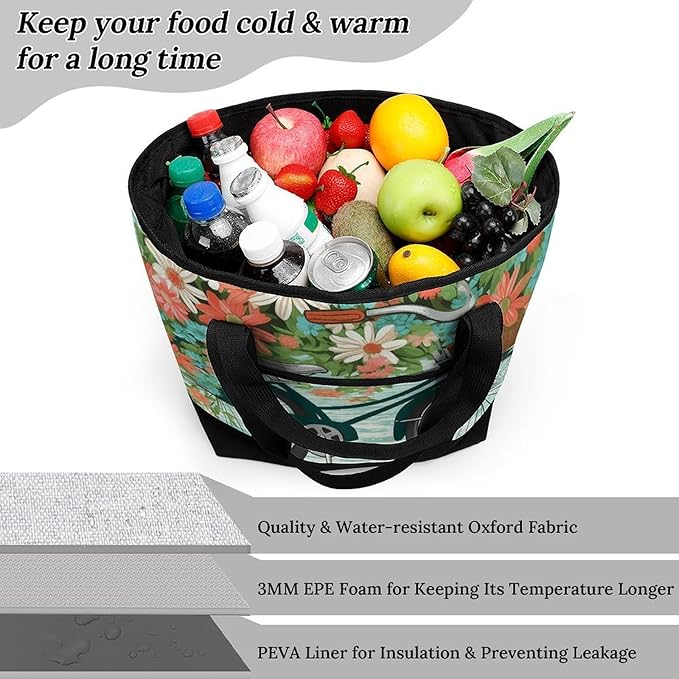 Insulated Shopping BagLarge Reusable Cooler Bags Bicycle with Flower Printed Foldable Shopping BagTravel Waterproof Shoulder Bag