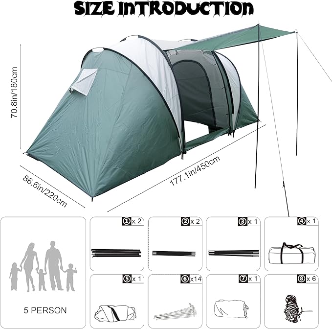 Large Camping Tent Family Tent 4~5 People 177 * 87 * 71 inches Waterproof Mesh Roof 2 Bedrooms and 1 Living Room (8 Person Grmy Green+Gray)