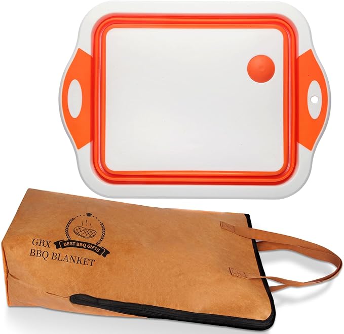 Collapsible BBQ Prep Tub &amp BBQ Resting Bag - Multi-Function Foldable Cutting Board BPA Free Portable Silicone Dish Bowl Leak Free Drain Hole for Meal Prep Marinating Food Storage(Orange)