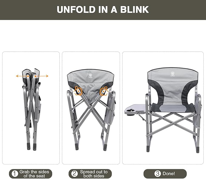 EVER ADVANCED Aluminum Lightweight Folding Director Chair 350lbs Heavy Duty Camping Chair with Side Table &amp Storage 19 Joint-Friendly Height Easy to Stand Portable Makeup Artist &amp Vendor C