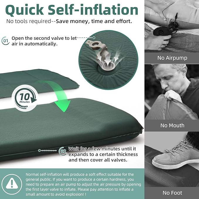 3.15 Self Inflating Camping Sleeping Pad Ultra-Thick Elasticity Foam Fast Inflating 4-Season Insulated Durable Camping Mat Air Mattress with Pillow for Tent Car Camping Traveling Green