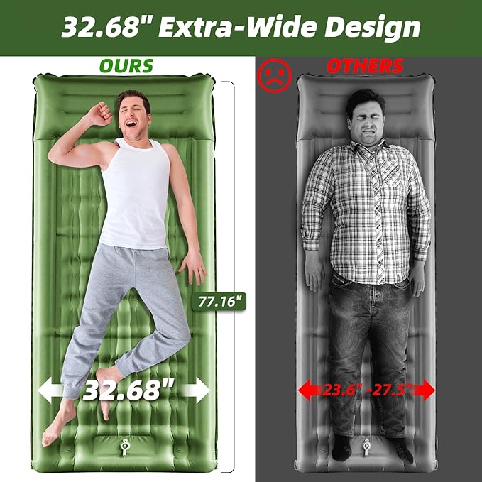 Sleeping Pad for Camping 32.68 Inch Extra Wide Inflatable Camping Mat with Pillow and Built-in Foot Pump Air Mattress 5.11 Inch Extra Thick for Tent (Army Green)
