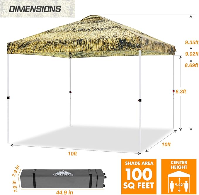 EAGLE PEAK Pop Up Canopy Tent with Wheeled Carry Bag 8 Stakes 4 Ropes 4 Weight Bags Easy Set Up Tent Canopy 10x10 ft 100sqft of Shade Tiki