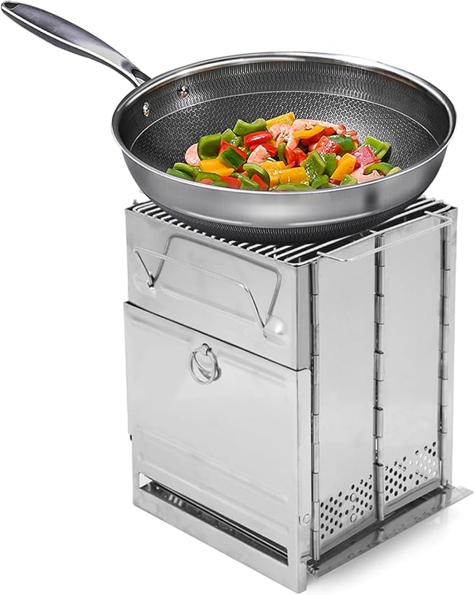 Camping Wood Stove Foldable Stainless Steel Portable Wood Burning Stove Portable Grill Charcoal Mini Outdoor Cooking for Hiking Backpacking BBQ