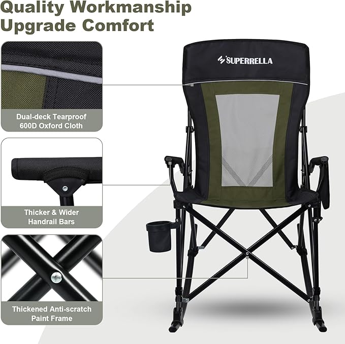 Folding Rocking Camping Chair Portable Outdoor Rocker with High Mesh Back Handrail Bars Carry Bag Cup Holder Bottle Opener Supports 400 lbs Black&ampGreen