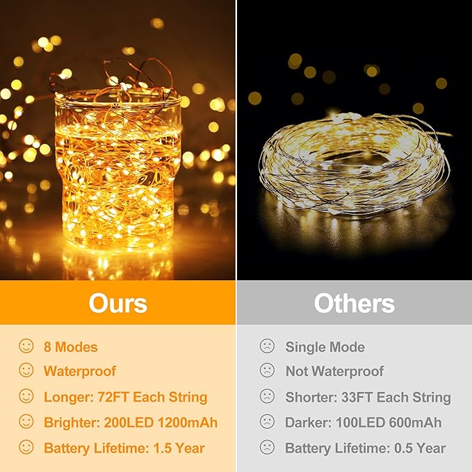 Extra-long 288FT 800LED Solar Fairy String Lights 4-Pack 72FT 200 LED Outdoor Twinkle Lights Waterproof 8 Lighting Modes Warm White Copper Wire Lights for Deck Backyard Tree Garden Fence Pool Party