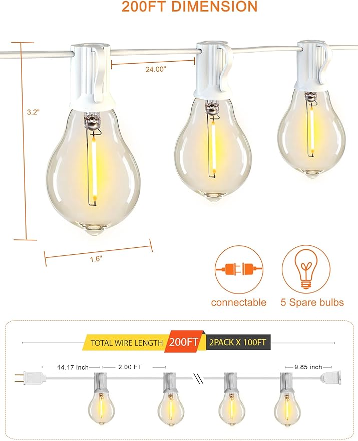 DAMAING Outdoor String Lights 200FT(2x100FT) Waterproof Patio Lights with 105 Plastic Dimmable LED Edison BulbsConnectable Outdoor Lighting for BackyardGarden and Wedding Outside 2200K White Cord