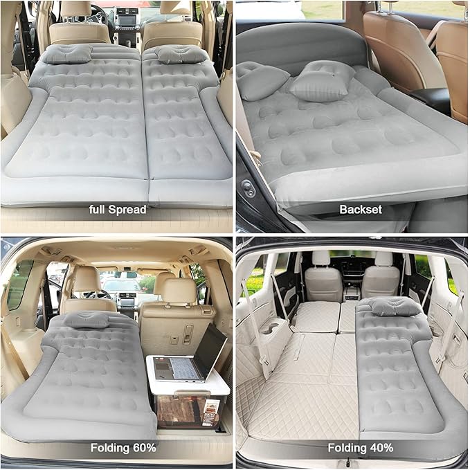 ISWEES Car Bed SUV Air Mattress Car Air Mattress with Home Power Adapter Electric Pump 2 Inflatable Pillows and 2 Footrests for Back Seat Side SeatTrunk Sleeping Thickened Camping Bed - Grey