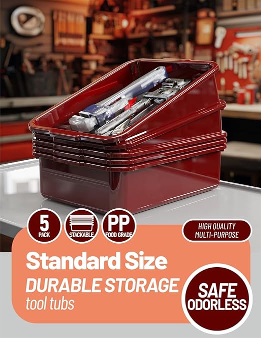 5-Pack Commercial Bus Tubs Box/Tote Box Wine Red Plastic Storage Bin with Handles/Wash Basin Tub (8 Liter)