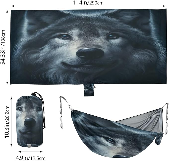 ALAZA Wolf Head Animal Camping Hammocks Single or 2 Person 500 lbs Portable Parachute Travel Hammock w/Tree Straps for Hiking Backpacking Indoor Outdoor
