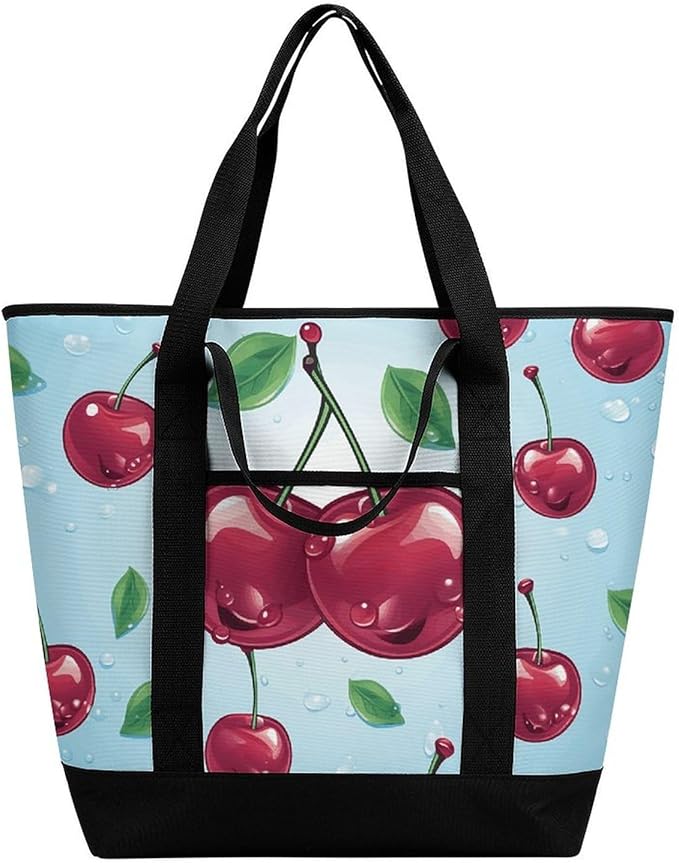 Insulated Shopping BagLarge Reusable Cooler Bags Cherry Printed Foldable Shopping BagTravel Waterproof Shoulder Bag